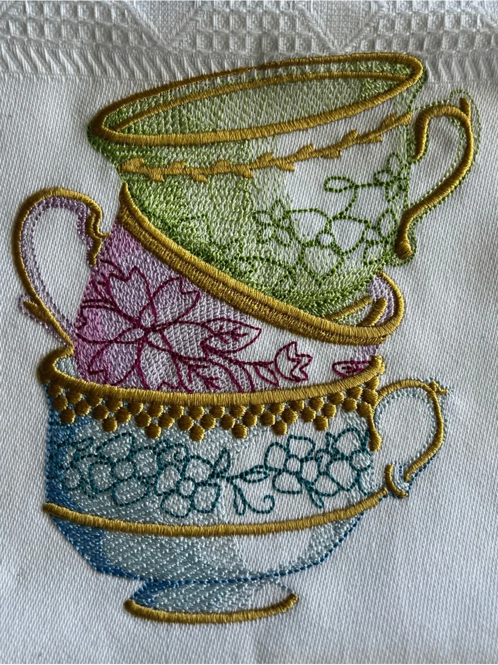 Tea Towel with Stacked Teacup Embroidery - Multicolor 20x26